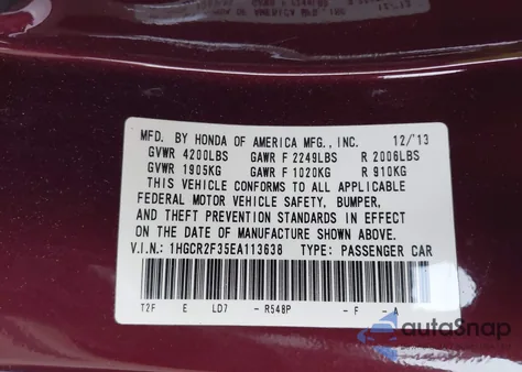2014 Honda Accord Lx z USA, uszkodzony, nr VIN 1HGCR2F35EA113638